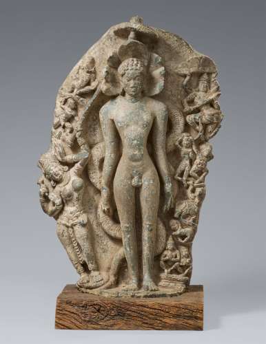 A very large Jain stone stele of Samvara attacking Parshvana...