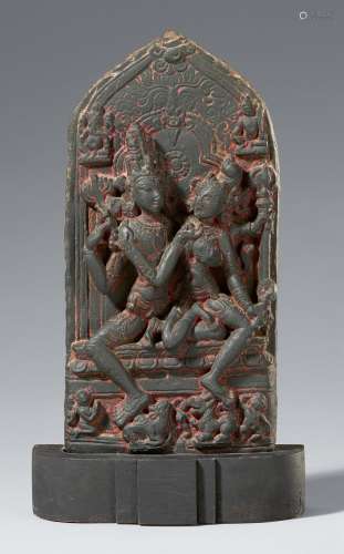 A small Pala black stone stele of Ummaheshvara. Eastern Indi...