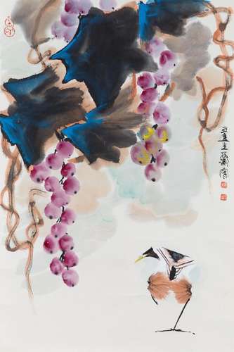 Grapes and crane. Hanging scroll. Ink and colours on paper. ...