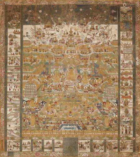 A hanging scroll depicting the Taima mandara. Ink, colours, ...