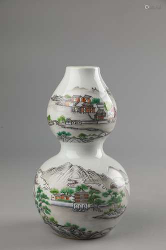 A FAMILLE ROSE FIGURE AND STORY  DOUBLE-GOURD VASE