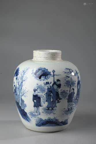 A BLUE AND WHITE FIGURE AND STORY JAR