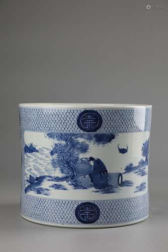 A BLUE AND WHITE FIGURE AND STORY  BRUSH POT