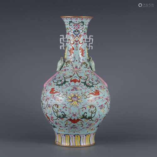 A FAMILLE ROSE  TURTOISE BASED VASE