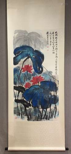 A SCROLL OF CHINESE LOTUS  PAINTING, LIU HAISU