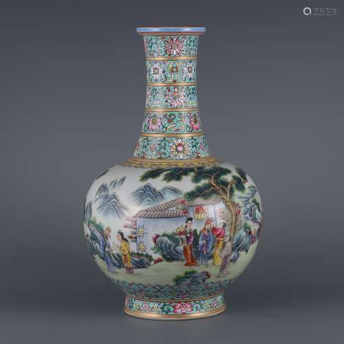 A FAMILLE ROSE FIGURE AND STORY  VASE