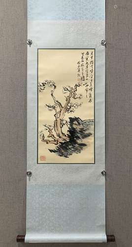 A SCROLL OF CHINESE CHERRY BLOSSOM AND STONE PAINTING, LU YA...