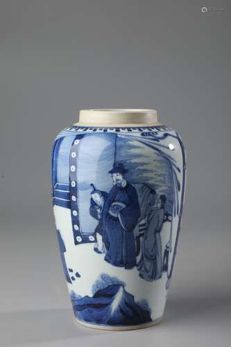 A BLUE AND WHITE FIGURE AND STORY  VASE