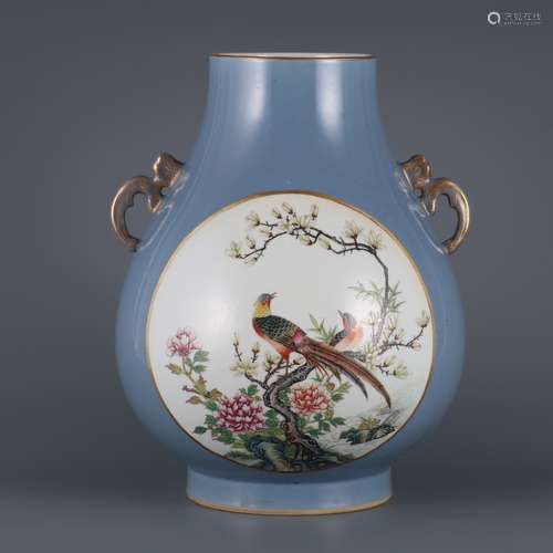 A BLUE GLAZED FAMILLE ROSE BIRD ZUN