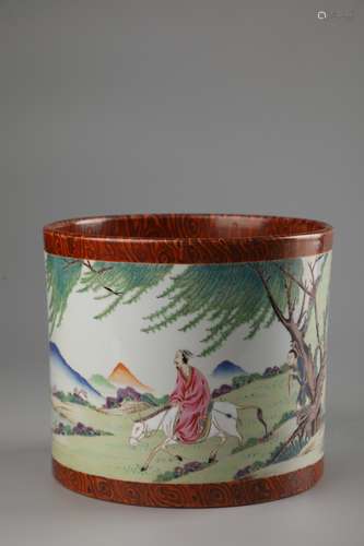 A FAMILLE ROSE FIGURE AND STORY  PAINTING BRUSH POT