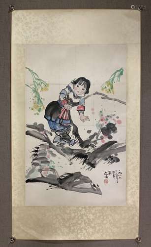 A SCROLL OF CHINESE COUNTRY GIRL PAINTING, LIU WENXI