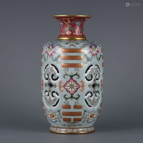 A CELADON-GLAZED   GOLD DECORATED VASE