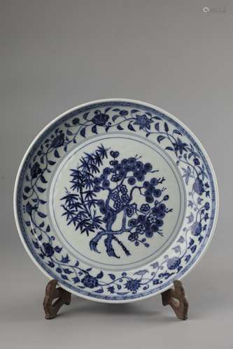 A BLUE AND WHITE PINE AND BAMBOO PLUM PLATE