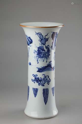 A BLUE AND WHITE FIGURE AND STORY  BEAKER VASE