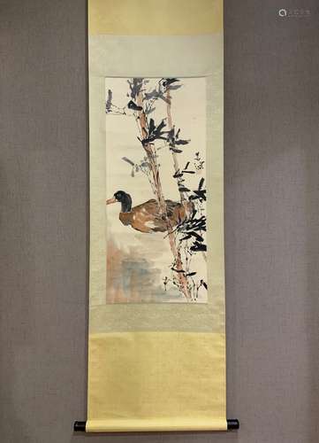 A SCROLL OF CHINESE DUCK PLAYING PAINTING,YANG SHANSHEN