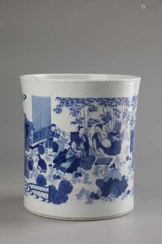 A BLUE AND WHITE FIGURE AND STORY  BRUSH POT