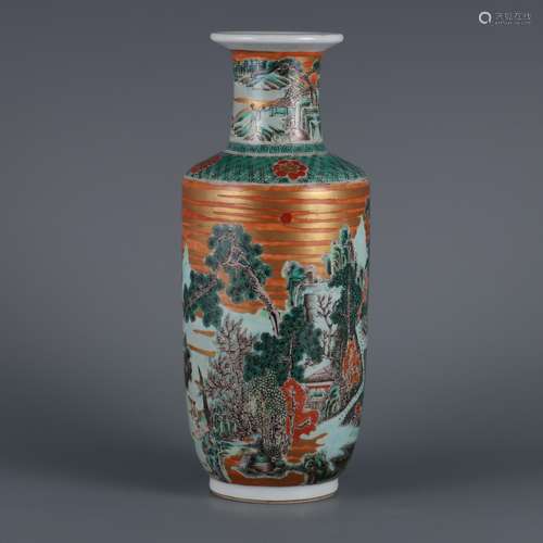 A GOLD BASED WUCAI LANDSCAPE AND FIGURE VASE