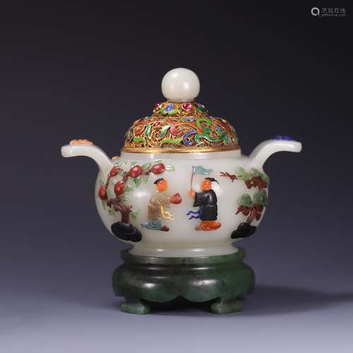 AN INLAID HETIAN JADE CENSER