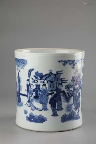 A BLUE AND WHITE STORY BRUSH POT