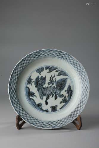 A BLUE AND WHITE  QILIN PLATE