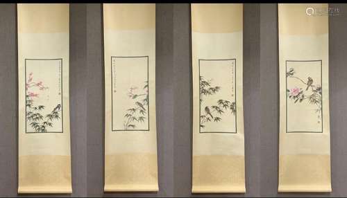 A SET OF FOUR SCROLL OF CHINESE BIRDS AND FLOWER PAINTING, X...