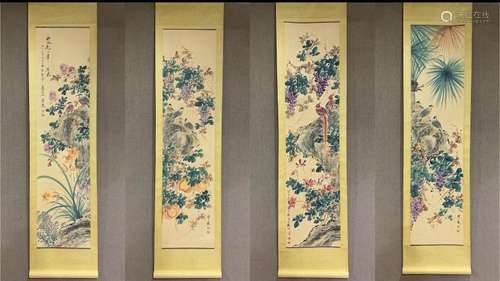 A SET OF FOUR SCROLL OF CHINESE BIRDS AND FLOWER PAINTING, Y...