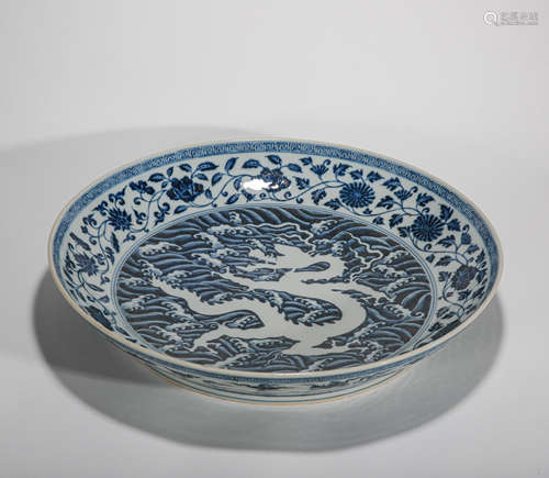 Ming Dynasty of China,Blue and White Dragon Pattern Plate