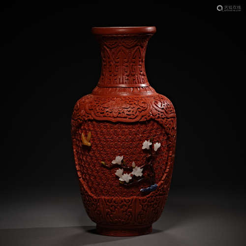 Qing Dynasty of China,Red Carved Inlaid Multi-Treasure Bottl...