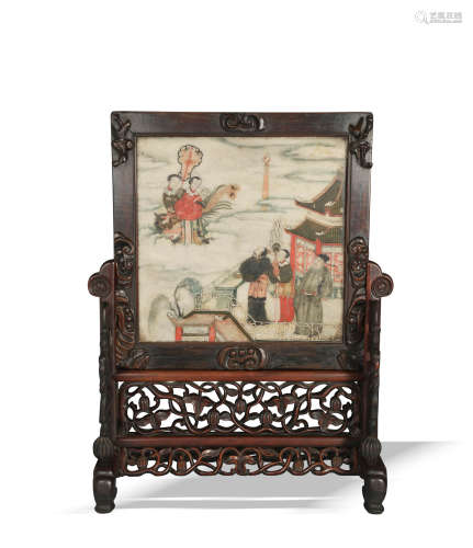 十九世纪早 云石彩绘人物硬木台屏