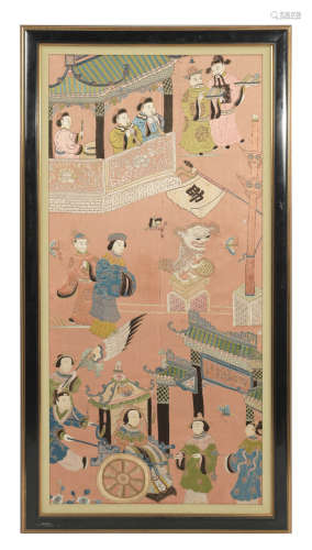 十九世纪 刺绣亭台人物镜框