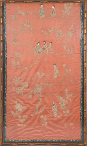 十九世纪 红底刺绣人物镜框