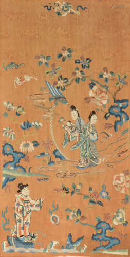 十九世纪 杏黄地刺绣人物绣片