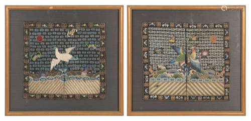 十九世纪 刺绣补子镜框两块