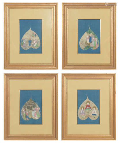 十八世纪 贝叶画罗汉镜框 四个一套