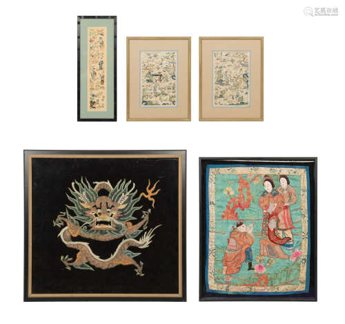 十九世纪 刺绣人物及龙纹镜框五个