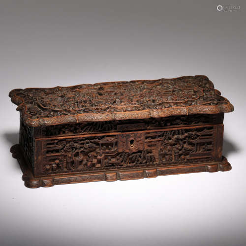 十九世紀 檀香木雕樓閣人物長方盒