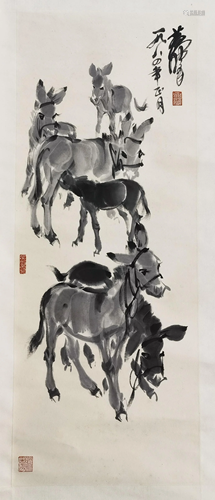 CHINESE SCROLL PAINTING OF DONKEY SIGNED BY HUANG ZHOU