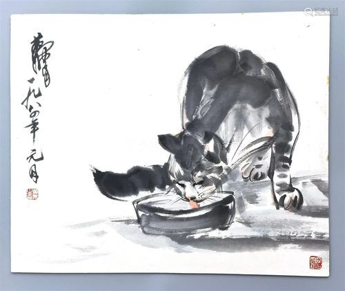 CHINESE SCROLL PAINTING OF CAT SIGNED BY HUANG ZHOU