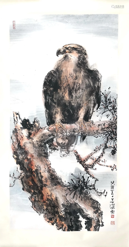 CHINESE SCROLL PAINTING OF EAGLE ON TREE SIGNED BY YANG SHAN...