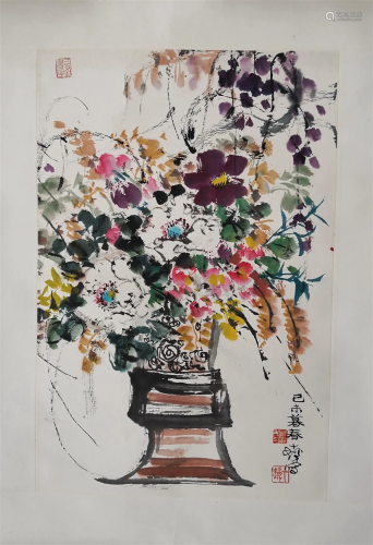 CHINESE SCROLL PAINTING OF FLOWER IN VASE SIGNED BY CHENG SH...
