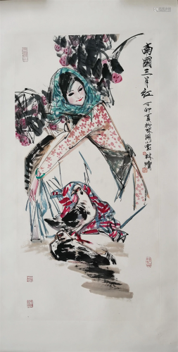 CHINESE SCROLL PAINTING OF GIRL WITH DOVE SIGNED BY LIN YONG