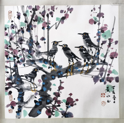 CHINESE SCROLL PAINTING OF BIRD ON TREE SIGNED BY HUANG YONG...