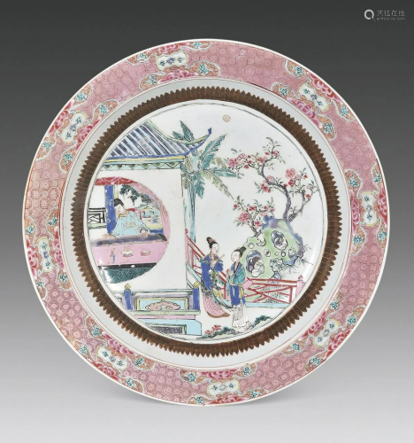 CHINESE PORCELAIN FAMILLE ROSE BEAUTY IN GARDEN PLATE