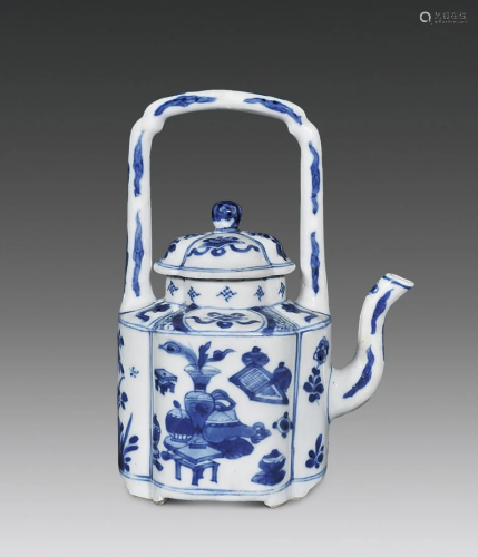 CHINESE PORCELAIN BLUE AND WHITE HANDLED KETTLE