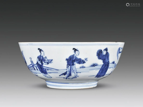 CHINESE PORCELAIN BLUE AND WHITE FIGURES AND STORY BOWL