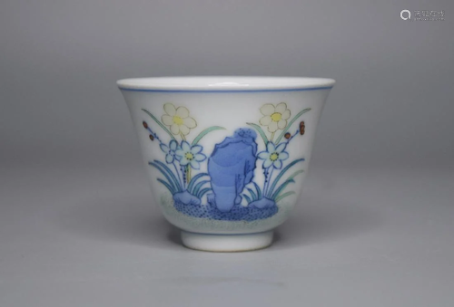 CHINESE PORCELAIN DOUCAI FLOWER AND ROCK CUP QING DYNASTY