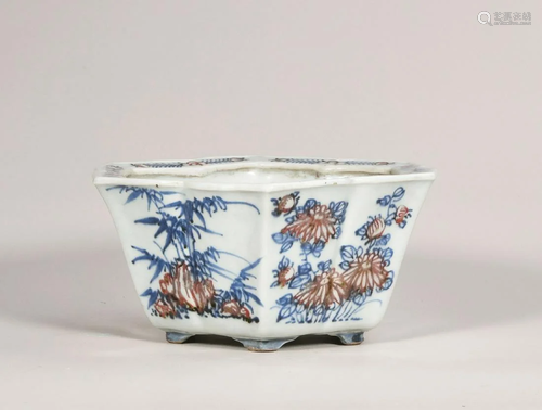 CHINESE PORCELAIN RED UNDER GLAZE BLUE AND WHITE FLOWER PLAN...