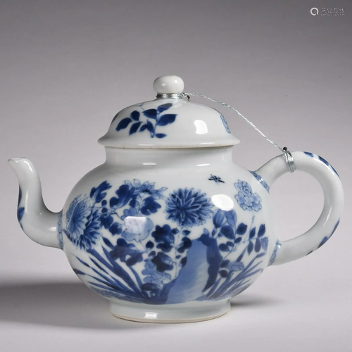 CHINESE PORCELAIN BLUE AND WHITE FLOWER AND ROCK TEA POT QIN...