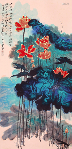 CHINESE SCROLL PAINTING OF LOTUS SIGNED BY ZHANG DAQIAN