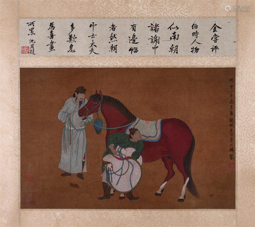 CHINESE SCROLL PAINTING OF MAN WITH HORSE SIGNED BY LI GONGL...